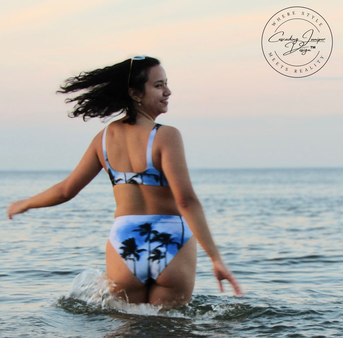 Blue Palm Women's High-Waisted Bikini, Ethically Made, UPF 50+