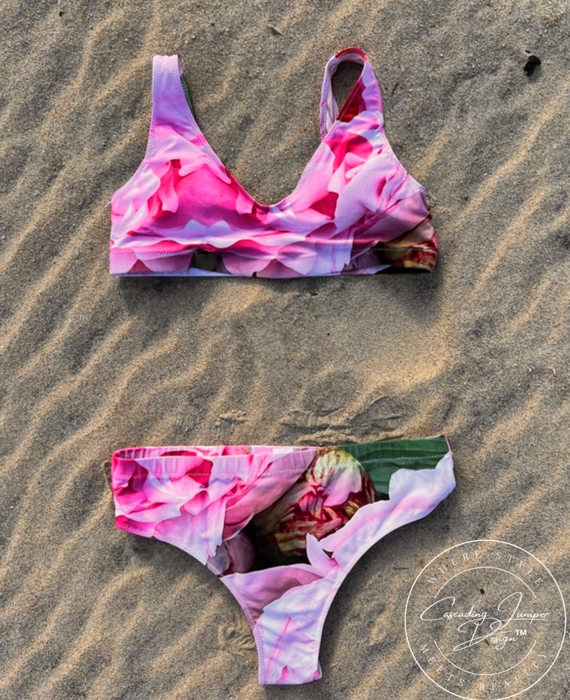 Pink Floral Women's High-Waisted Bikini, Ethically Made, UPF 50+