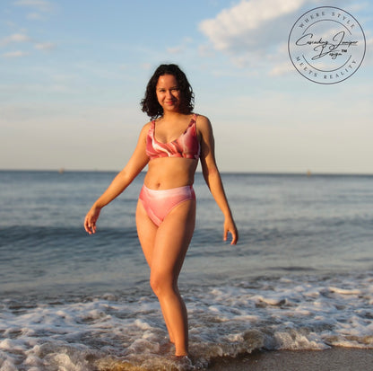 Marbled Mauve Women's High-Waisted Bikini, Ethically Made, UPF 50+